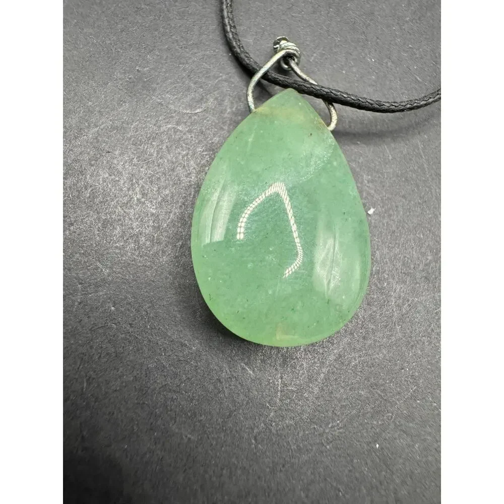 Vintage Silver Tone Green Jade Teardrop Pendant Black Cord Necklace